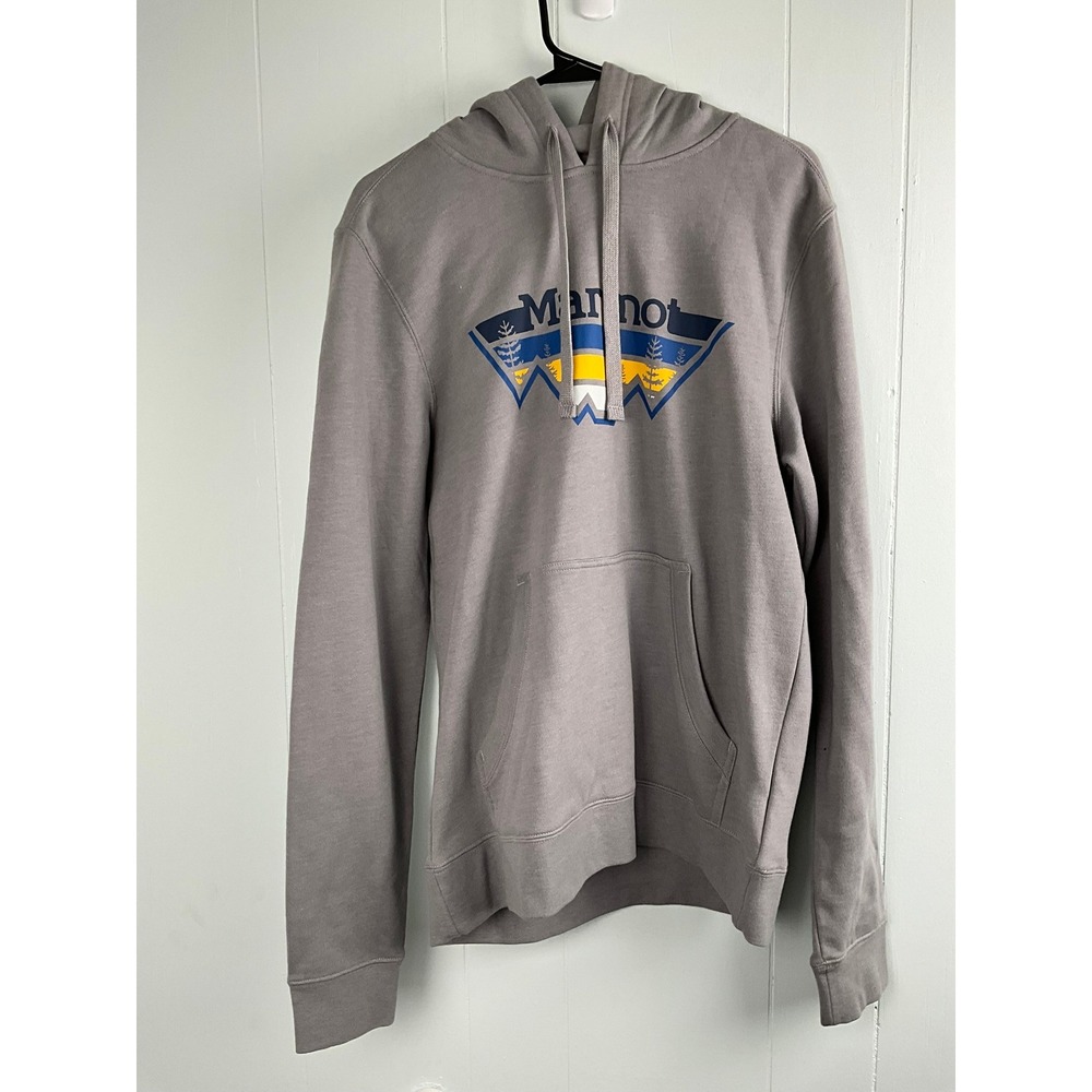 Marmot Mens Graphic Logo Hoodie Gray Pullover Sweatshirt Size Small P 901264